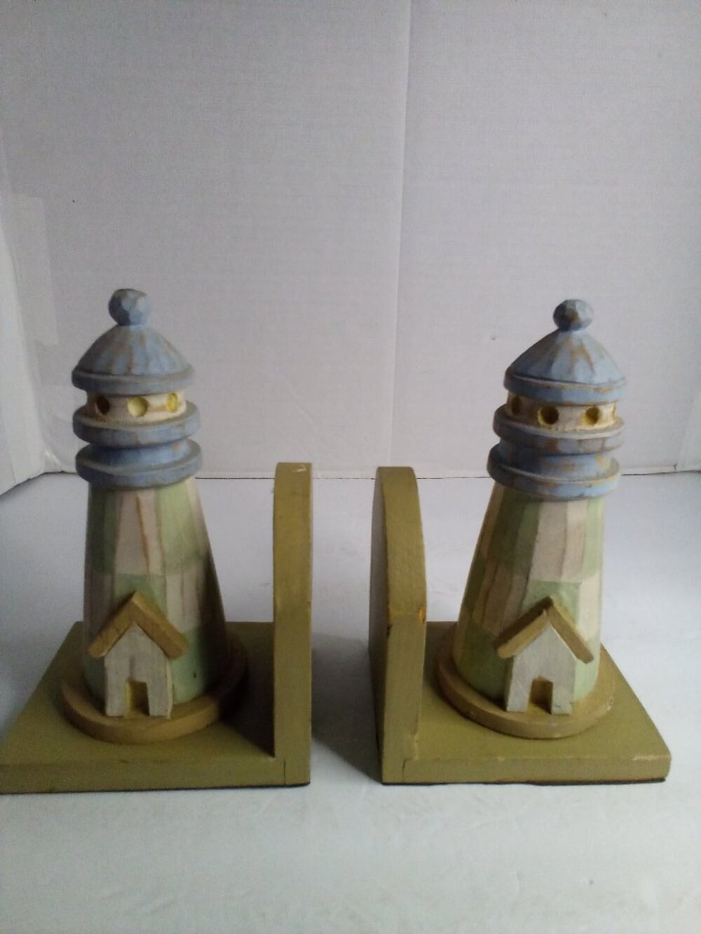 Lighthouse Bookends Wood Rustic Nautical Blue Green Book Ends